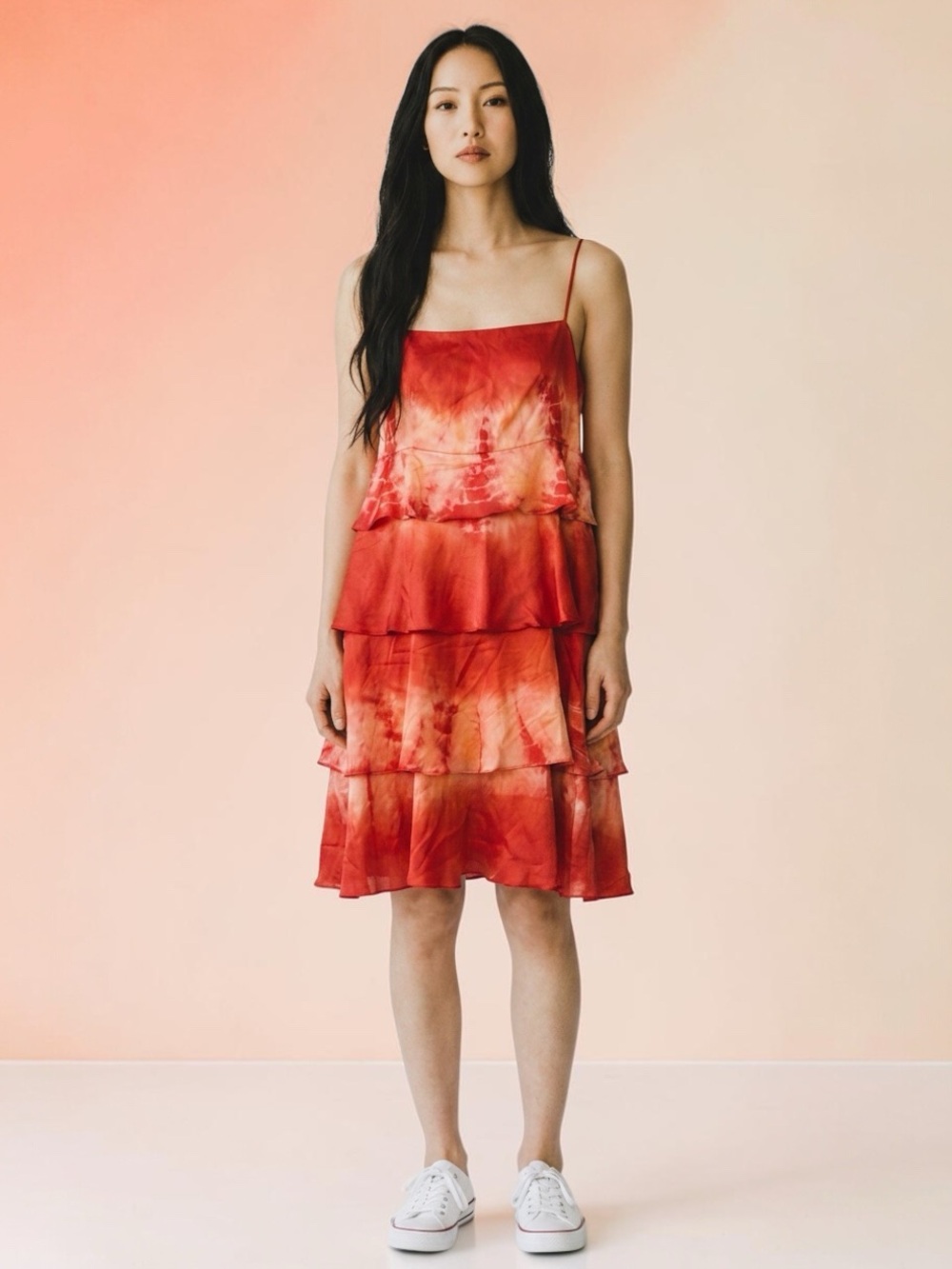 Super soft 100% silk Tiered Red Tie-Dye Slip Dress - Women's